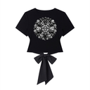 Black slim-fit crop tee with monochrome diamond mandala print and black satin bow-tie back — Clarity, Brilliant Diamonds collection by Reverie Joy